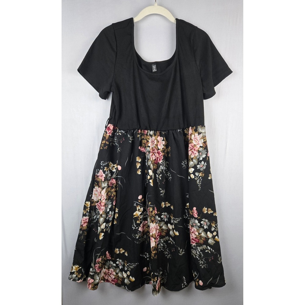 SHEIN Curve Black Floral Ribbed Knit Mixed Media Fit Flare Dress 0XL Plus Size